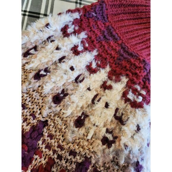 Express Fair Isle Sweater Puff Sleeve Knit Burgundy Beige Pullover - Picture 4 of 8